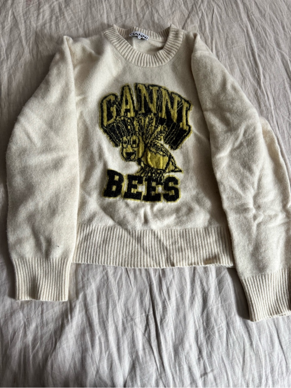 GANNI Cream 'Bees' Graphic Crewneck Sweater